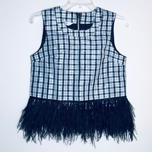 TIFF + JEN | Shimmer Feather Hem Plaid Blouse Black White Boutique Unique